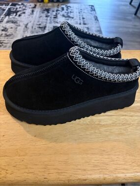 UGG Black Suede Platform Clog Mules with Contrast Stitch Trim
